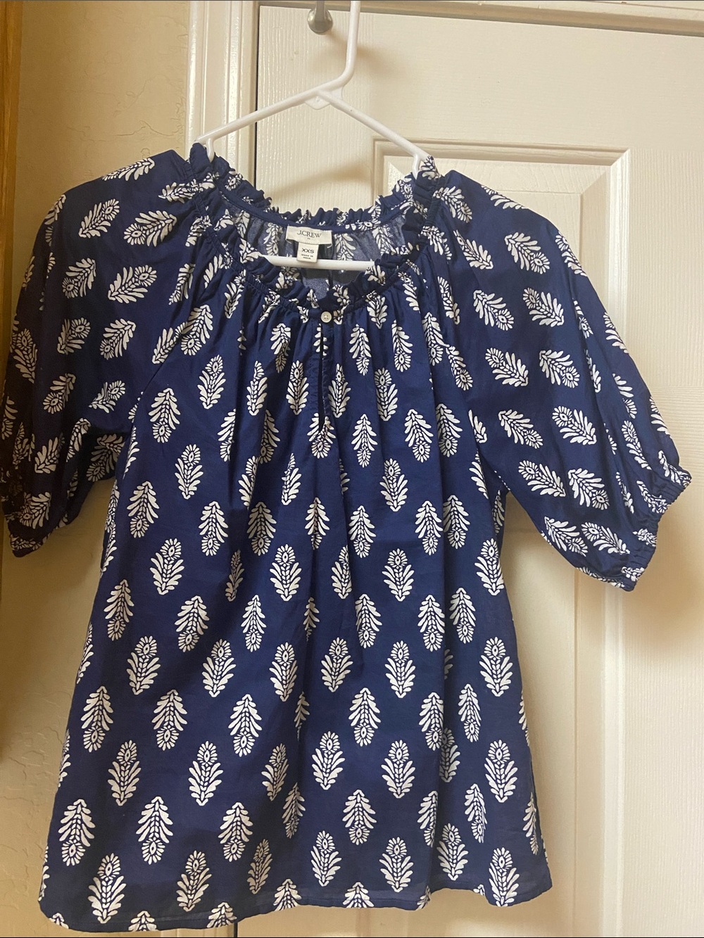 J. Crew Navy Blue Puff-Sleeve Peasant Blouse with White Leaf Print